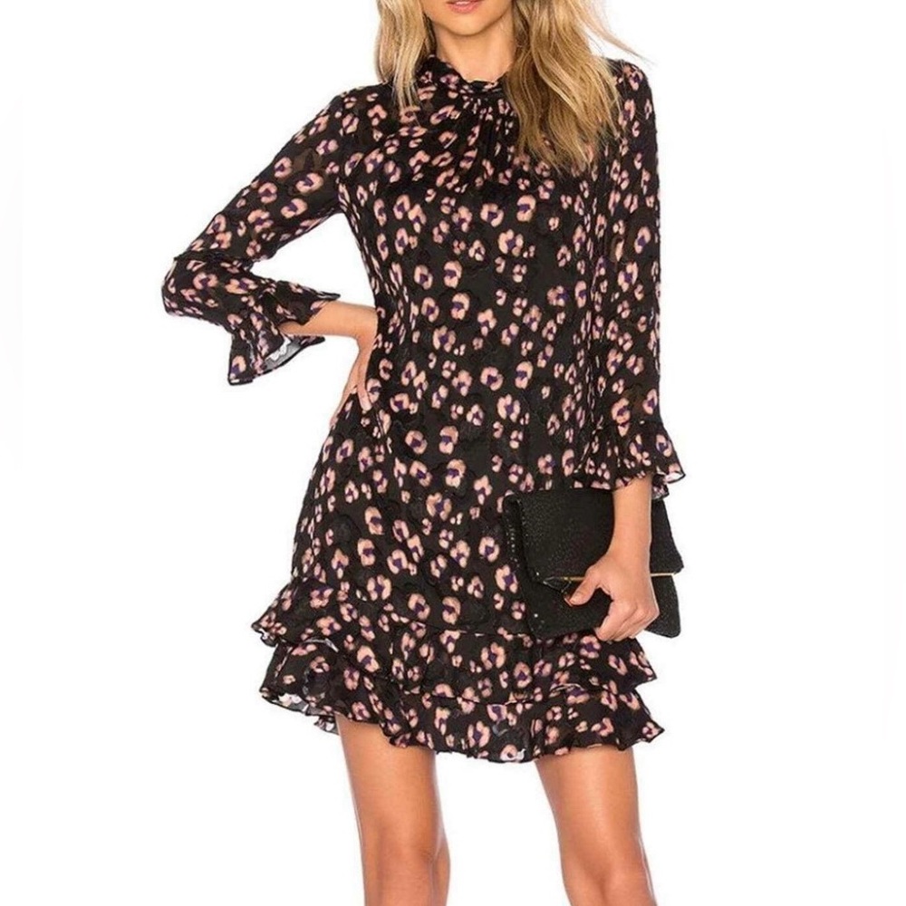 Rebecca Taylor cheetah print long sleeve dress with a ruffled hem& cuffs 10 ( M)